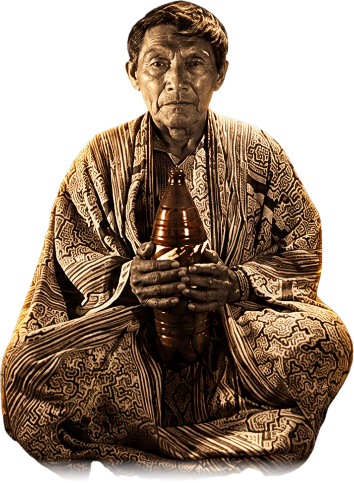 Shipibo healer seated on the clouds holding a ceremonial bottle